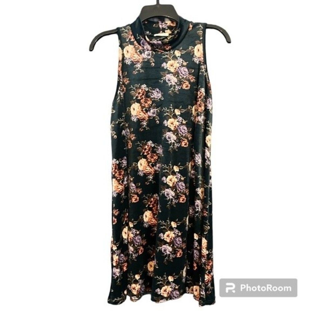 Yellow Chair Dark Green Floral Print Velvet Sleeveless Dress Size Medium